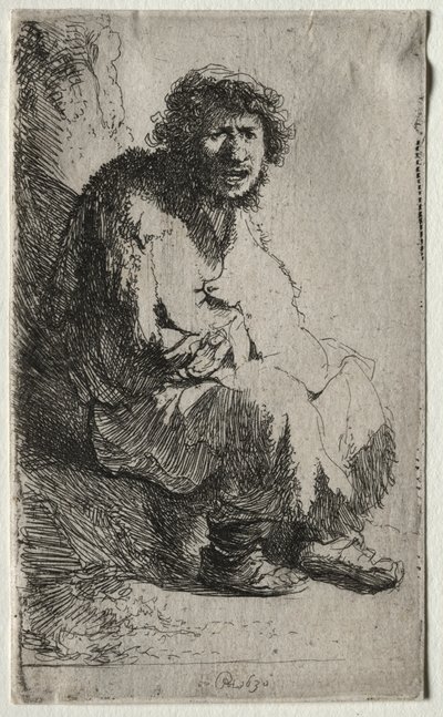 Mendigo sentado em um banco, 1630. de Rembrandt van Rijn
