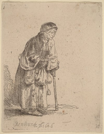 Mendiga apoiada numa bengala de Rembrandt van Rijn