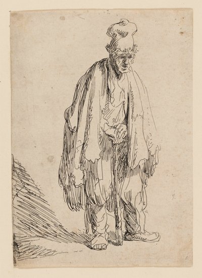 Mendigo em um boné alto, em pé e apoiado em uma vara de Rembrandt van Rijn