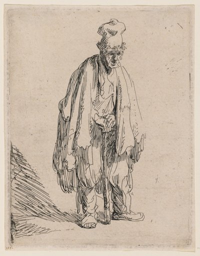 Mendigo com boné de pala alta, de pé e apoiado numa bengala de Rembrandt van Rijn