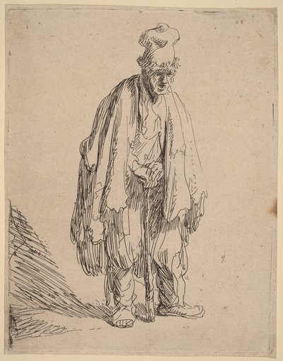 Mendigo com boné de pala alta, de pé e apoiado numa bengala de Rembrandt van Rijn