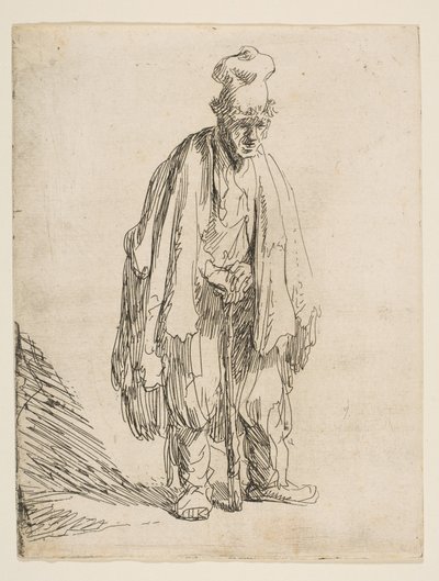 Mendigo de boné alto, de pé e apoiado em uma vara, ca. 1629 de Rembrandt van Rijn