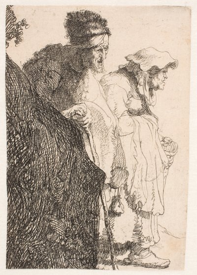 Um mendigo e uma mendiga atrás de um banco de Rembrandt van Rijn