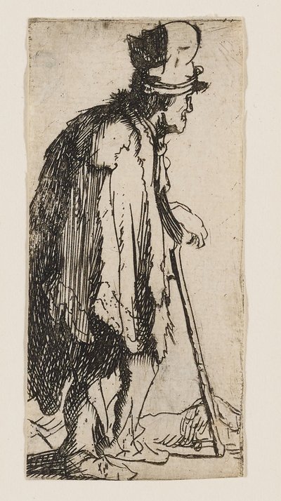 Mendigo com uma mão aleijada, apoiado numa bengala de Rembrandt van Rijn