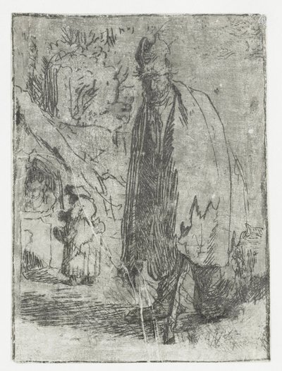 Mendigo com uma cabana e duas figuras ao fundo de Rembrandt van Rijn