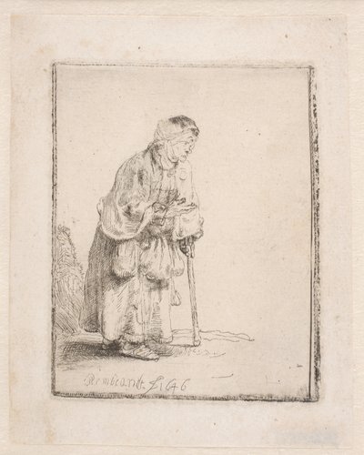 Mendiga apoiada numa bengala de Rembrandt van Rijn