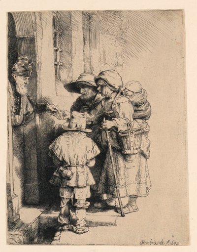 Mendigos recebendo esmolas na porta de uma casa de Rembrandt van Rijn