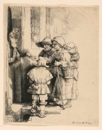 Mendigos recebendo esmolas na porta de uma casa de Rembrandt van Rijn