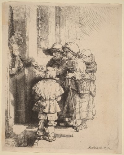 Mendigos a receber esmolas à porta de uma casa de Rembrandt van Rijn