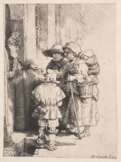 Mendigos a receber esmolas à porta de uma casa de Rembrandt van Rijn