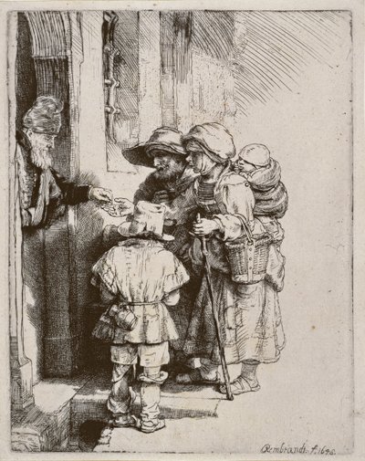 Mendigos recebendo esmolas na porta de uma casa, 1648 (gravura de ponta seca) de Rembrandt van Rijn
