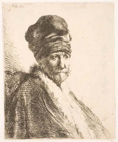 Busto de um homem (o pai de Rembrandt) com um gorro alto, visto de três quartos de Rembrandt van Rijn