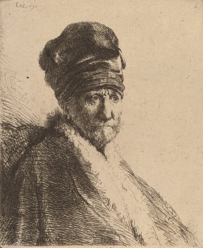 Busto de um homem vestindo um boné alto, três quartos à direita do pai do artista, 1630. de Rembrandt van Rijn
