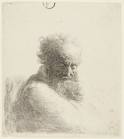 Busto de um homem idoso, com o olhar voltado para baixo, em três quartos à direita de Rembrandt van Rijn