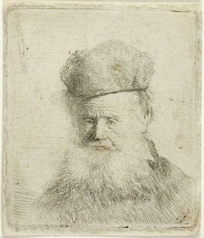 Busto de um velho com gorro de pele e barba esvoaçante, quase todo o rosto de Rembrandt van Rijn