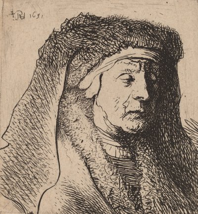 Busto de uma velha em um manto de pele e cocar pesado, 1631. de Rembrandt van Rijn