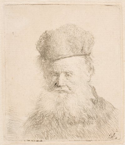 Busto de um homem idoso com gorro de pele e barba esvoaçante: quase de frente: olhar direto de Rembrandt van Rijn