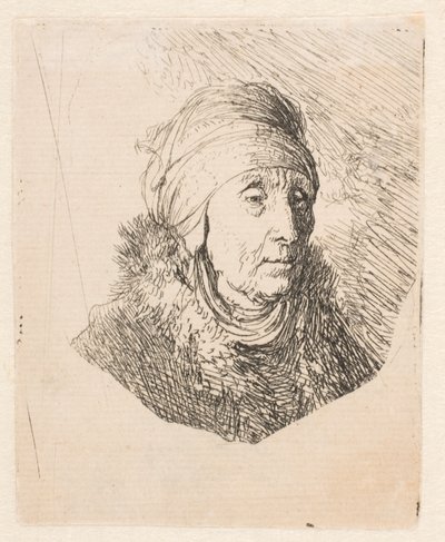 Busto de uma mulher idosa com um cocar alto preso à volta do queixo de Rembrandt van Rijn