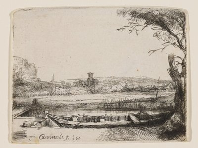 Canal com um grande barco e uma ponte de Rembrandt van Rijn