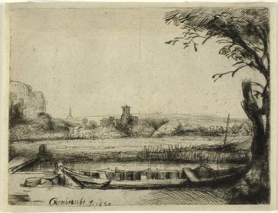 Canal com um grande barco e uma ponte de Rembrandt van Rijn