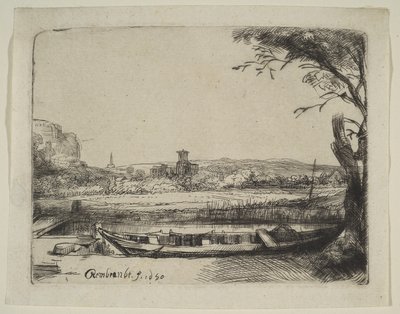 Canal com um grande barco e uma ponte, 1650. de Rembrandt van Rijn