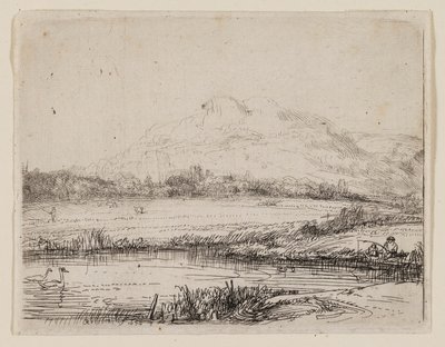 Canal com um pescador e dois cisnes de Rembrandt van Rijn
