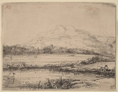 Canal com um pescador e dois cisnes de Rembrandt van Rijn