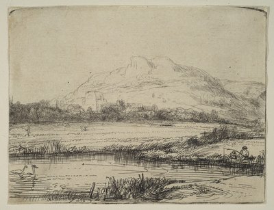 Canal com um pescador e duas cisnes, 1650. de Rembrandt van Rijn