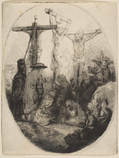 Cristo crucificado entre dois ladrões, placa oval, ca. 1641 de Rembrandt van Rijn