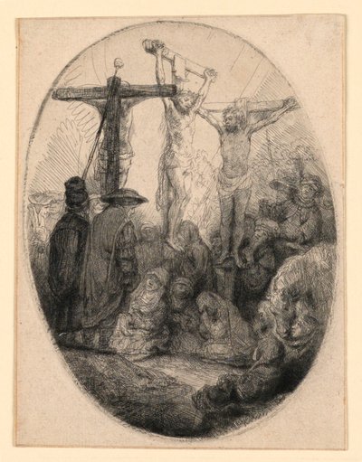 Cristo crucificado entre os dois ladrões: uma placa oval de Rembrandt van Rijn