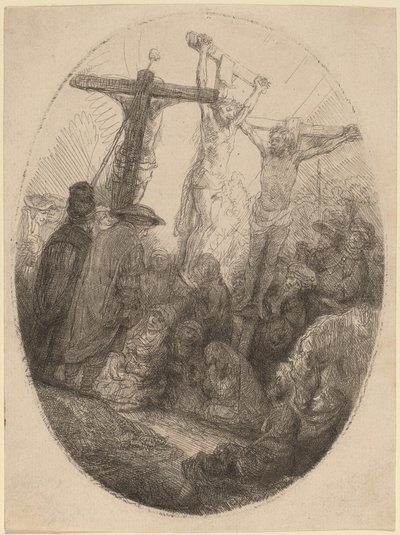Cristo crucificado entre os dois ladrões: uma placa oval de Rembrandt van Rijn