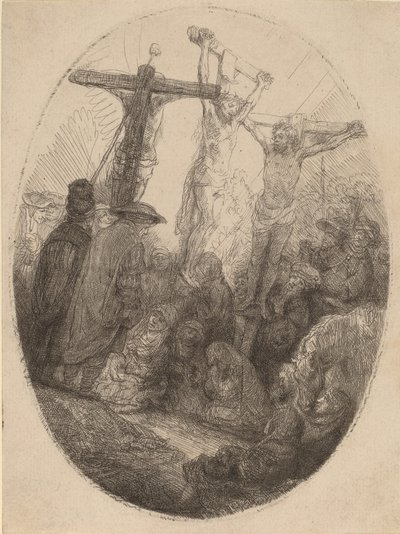 Cristo crucificado entre os dois ladrões: uma placa oval, c. 1641. de Rembrandt van Rijn