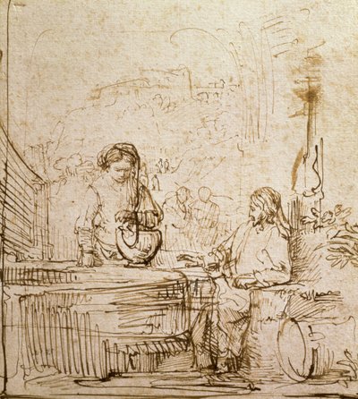 Cristo e a Mulher de Samaria (caneta e tinta marrom no papel) de Rembrandt van Rijn