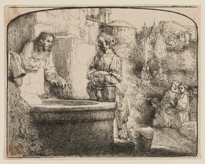 Cristo e a mulher de Samaria: uma gravura em arco de Rembrandt van Rijn