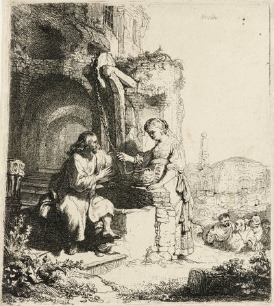 Cristo e a mulher de Samaria entre as ruínas [João 4:5-20], 1634. de Rembrandt van Rijn