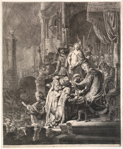 Jesus diante de Pilatos: prato grande de Rembrandt van Rijn