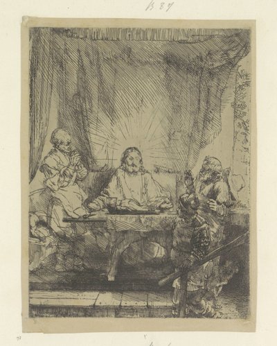 Christus te Emmaus: grote plaat Coleção de oitenta e cinco gravuras originais (título da série) de Rembrandt van Rijn