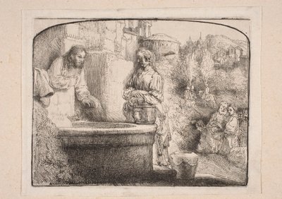Cristo e a Samaritana (Composição encerrada na parte superior por um arco) de Rembrandt van Rijn