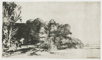 Ninhada de árvores com uma vista de Rembrandt van Rijn