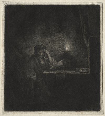 Cópia de Aluno em uma mesa à luz de velas de Rembrandt van Rijn