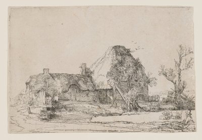 Casa de campo e edifícios agrícolas com um homem a desenhar de Rembrandt van Rijn