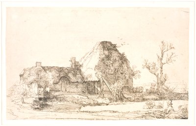 Edifícios de casas de campo e fazenda com um homem desenhando de Rembrandt van Rijn