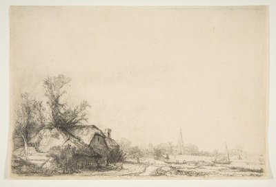 Casa de campo ao lado de um canal com vista para Ouderkerk, ca. 1641. de Rembrandt van Rijn