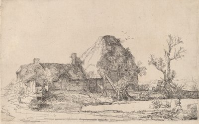 Casas de campo e prédios de fazenda com um homem desenhando, c. 1645. de Rembrandt van Rijn