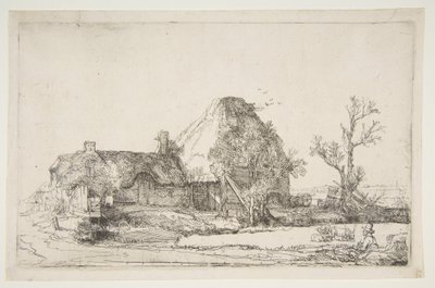 Casas de campo e prédios de fazenda com um homem desenhando, ca. 1645. de Rembrandt van Rijn
