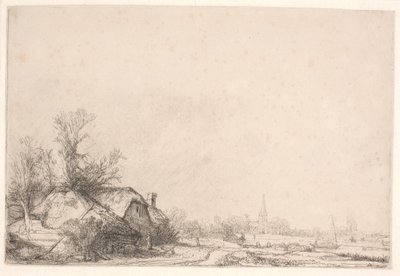 Casas de campo junto a um canal: com uma igreja e um veleiro de Rembrandt van Rijn