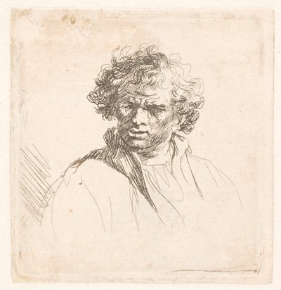 Homem de cabeça encaracolada com uma boca torta de Rembrandt van Rijn