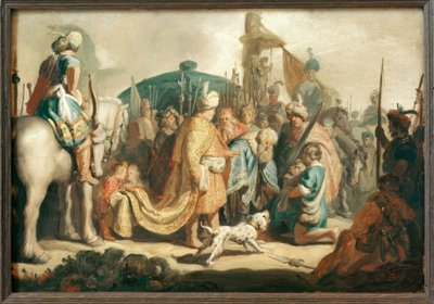 Davi se ajoelha na frente de Saul com a cabeça de Golias na frente dele de Rembrandt van Rijn