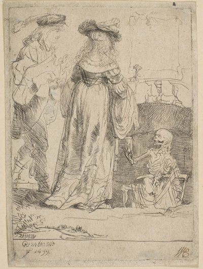Morte aparecendo para um casal casado de um túmulo aberto, 1639. de Rembrandt van Rijn