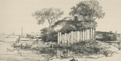A cabana atrás da cerca de prancha de Rembrandt van Rijn